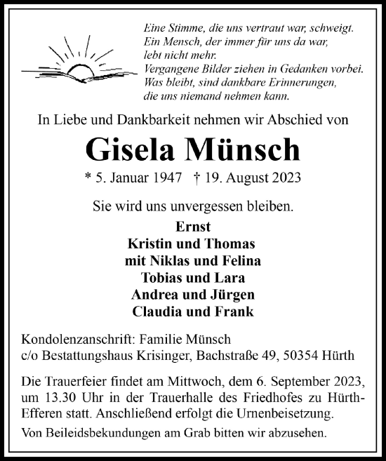 Anzeige von Gisela Münsch von  Wochenende 