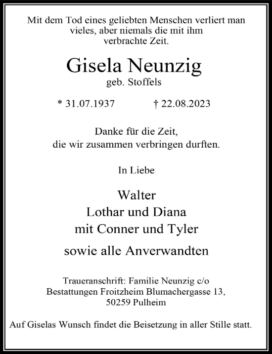 Anzeige von Gisela Neunzig von  Wochenende 