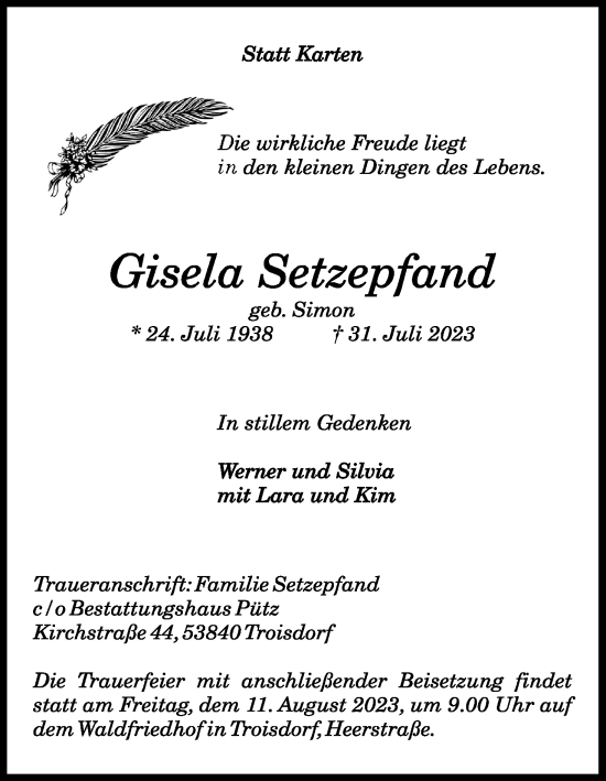 Anzeige von Gisela Setzepfand von Kölner Stadt-Anzeiger / Kölnische Rundschau / Express
