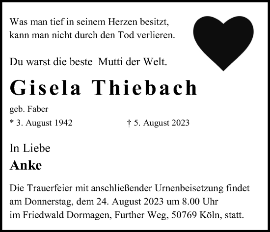 Anzeige von Gisela Thiebach von Kölner Stadt-Anzeiger / Kölnische Rundschau / Express