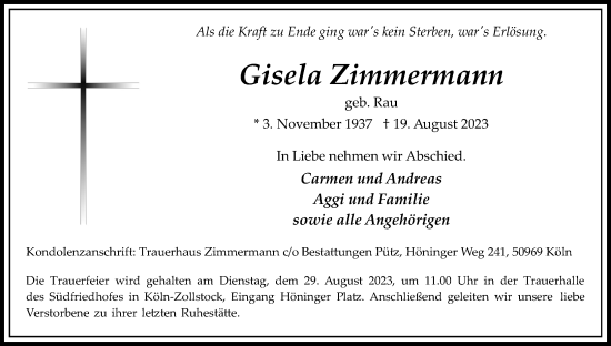 Anzeige von Gisela Zimmermann von Kölner Stadt-Anzeiger / Kölnische Rundschau / Express