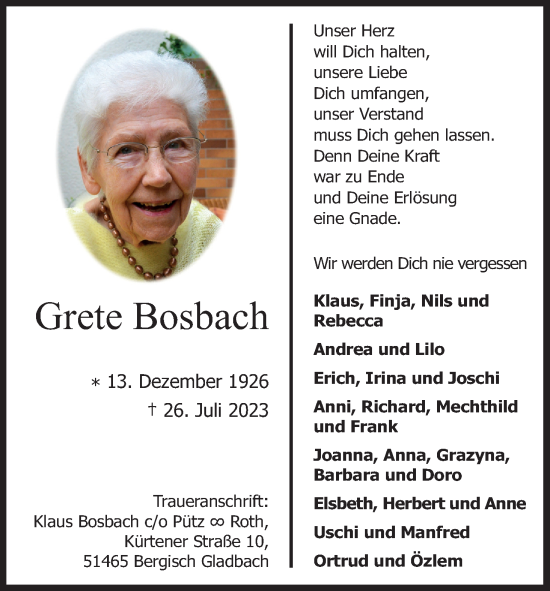 Anzeige von Grete Bosbach von Kölner Stadt-Anzeiger / Kölnische Rundschau / Express