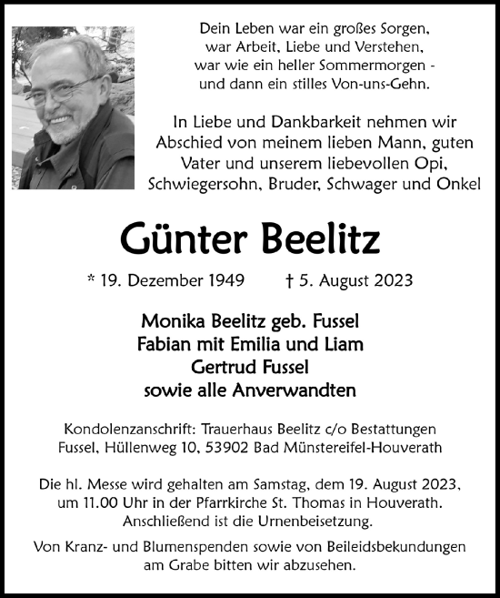 Anzeige von Günter Beelitz von  Blickpunkt Euskirchen 