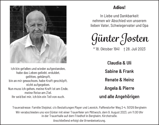 Anzeige von Günter Josten von  Werbepost 