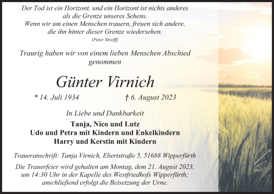 Anzeige von Günter Virnich von Kölner Stadt-Anzeiger / Kölnische Rundschau / Express