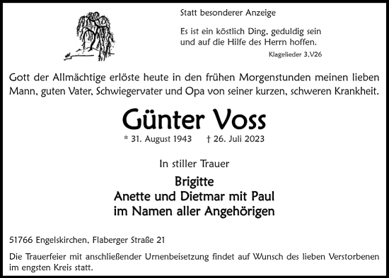 Anzeige von Günter Voss von  Anzeigen Echo 