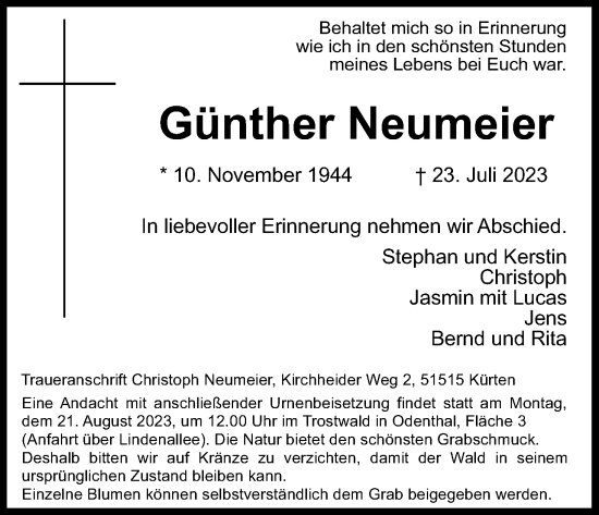 Anzeige von Günther Neumeier von Kölner Stadt-Anzeiger / Kölnische Rundschau / Express