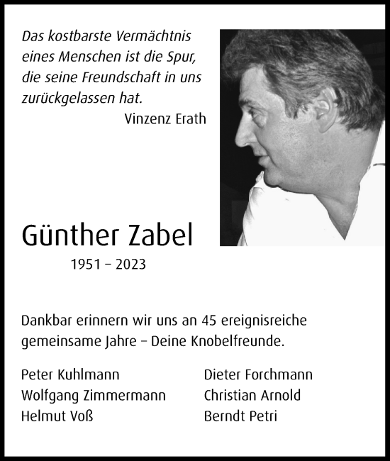 Anzeige von GÃ¼nther Zabel von Kölner Stadt-Anzeiger / Kölnische Rundschau / Express