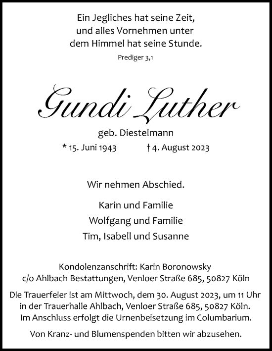 Anzeige von Gundi Luther von Kölner Stadt-Anzeiger / Kölnische Rundschau / Express