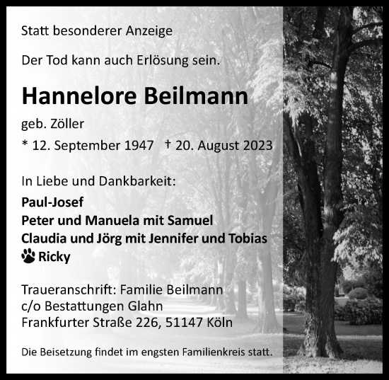 Anzeige von Hannelore Beilmann von  EXPRESS - Die Woche 