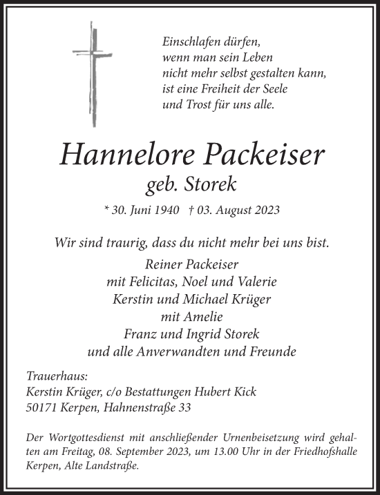 Anzeige von Hannelore Packeiser von  Werbepost 
