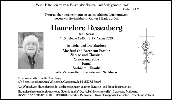 Anzeige von Hannelore Rosenberg von Kölner Stadt-Anzeiger / Kölnische Rundschau / Express