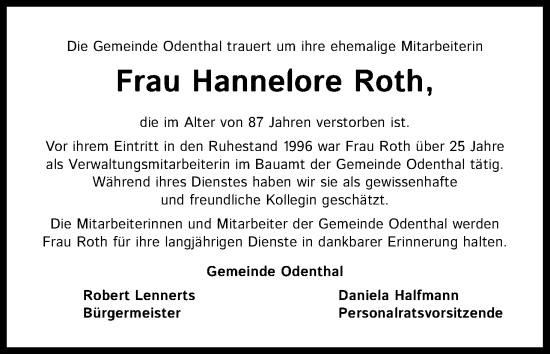 Anzeige von Hannelore Roth von Kölner Stadt-Anzeiger / Kölnische Rundschau / Express