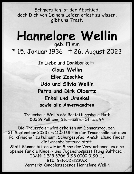 Anzeige von Hannelore Wellin von  Wochenende 