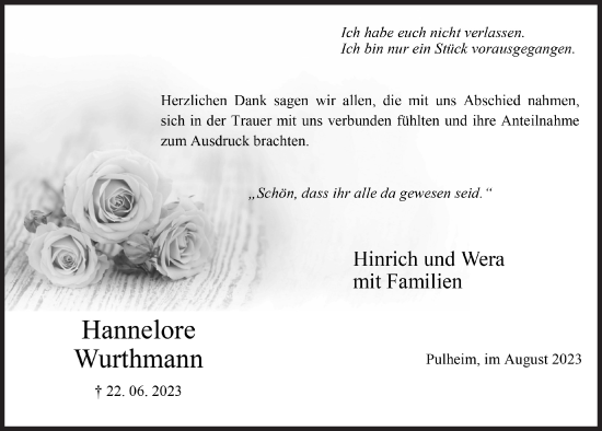 Anzeige von Hannelore Wurthmann von  Wochenende 