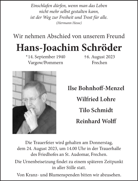 Anzeige von Hans-Joachim Schröder von  Wochenende 