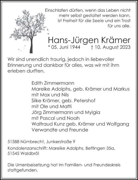 Anzeige von Hans-Jürgen Krämer von  Lokalanzeiger 