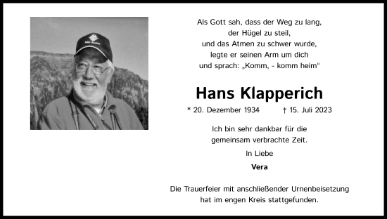 Anzeige von Hans Klapperich von Kölner Stadt-Anzeiger / Kölnische Rundschau / Express