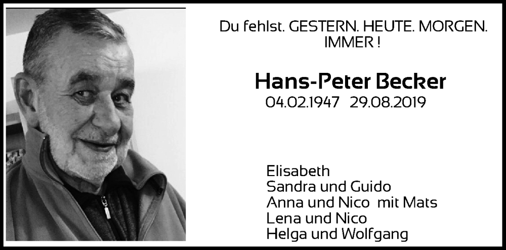  Traueranzeige für Hans-Peter Becker vom 18.07.2023 aus Kölner Stadt-Anzeiger / Kölnische Rundschau / Express