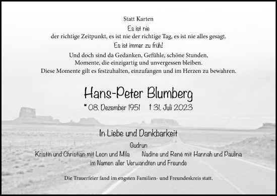Anzeige von Hans-Peter Blumberg von Kölner Stadt-Anzeiger / Kölnische Rundschau / Express