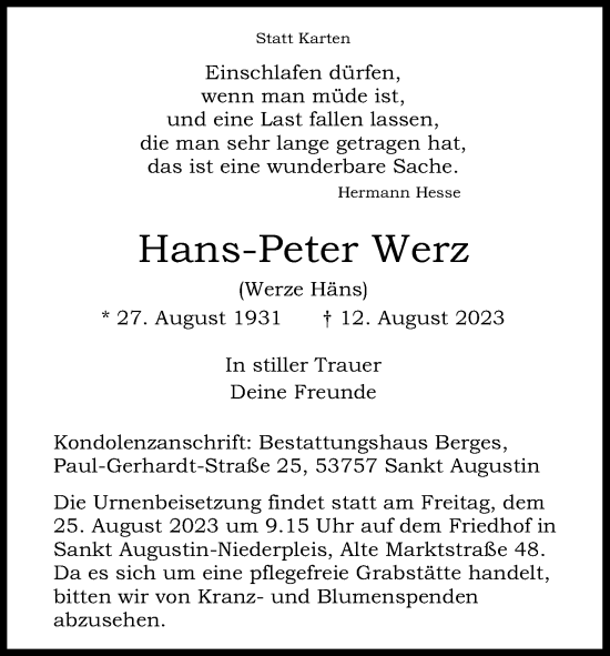 Anzeige von Hans-Peter Werz von Kölner Stadt-Anzeiger / Kölnische Rundschau / Express