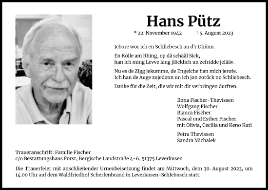 Anzeige von Hans Pütz von Kölner Stadt-Anzeiger / Kölnische Rundschau / Express