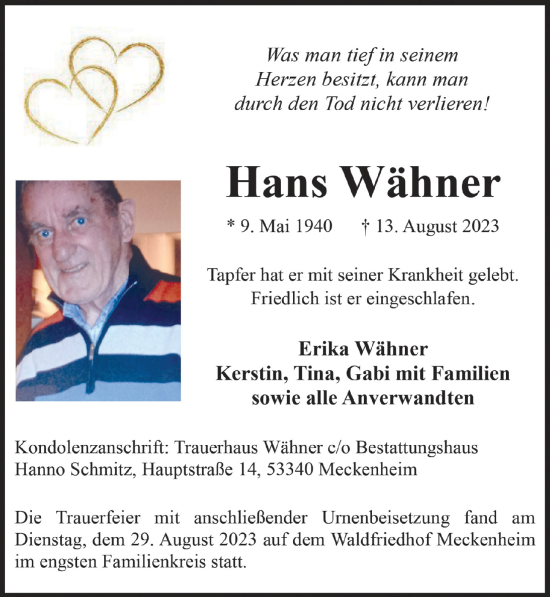 Anzeige von Hans Wähner von  Schaufenster/Blickpunkt 