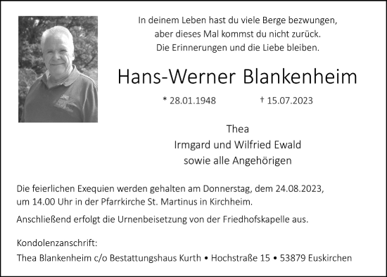 Anzeige von Hans-Werner Blankenheim von  Blickpunkt Euskirchen 