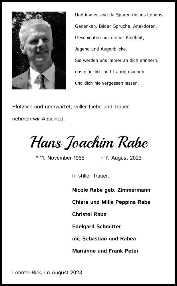  Traueranzeige für Hans Joachim Rabe vom 22.08.2023 aus Kölner Stadt-Anzeiger / Kölnische Rundschau / Express