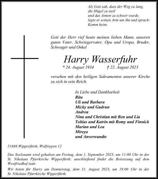 Anzeige von Harry Wasserfuhr von Kölner Stadt-Anzeiger / Kölnische Rundschau / Express