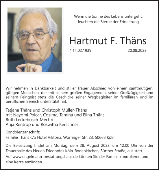 Anzeige von Hartmut F. Thäns von Kölner Stadt-Anzeiger / Kölnische Rundschau / Express