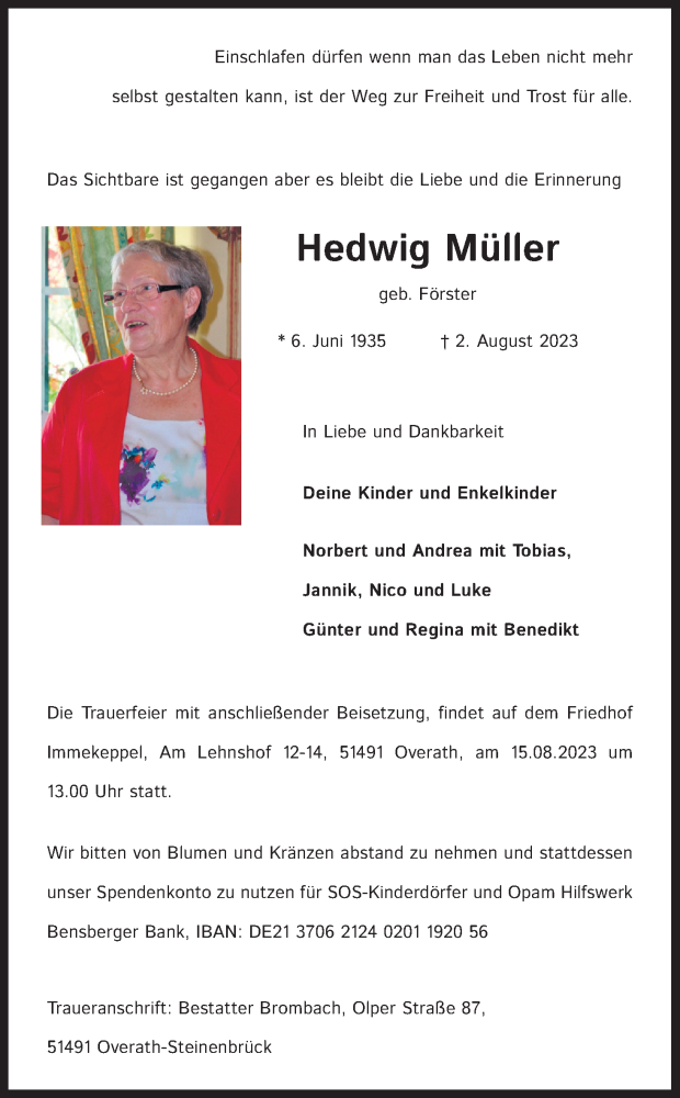  Traueranzeige für Hedwig Müller vom 12.08.2023 aus Kölner Stadt-Anzeiger / Kölnische Rundschau / Express