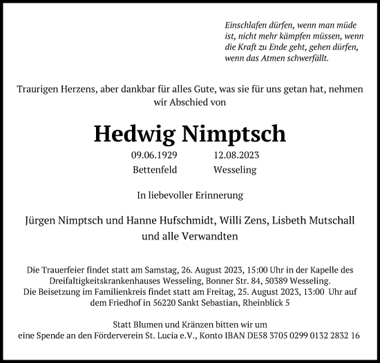 Anzeige von Hedwig Nimptsch von Kölner Stadt-Anzeiger / Kölnische Rundschau / Express