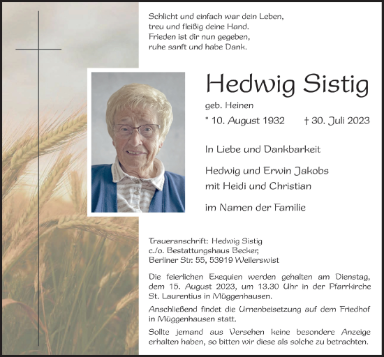 Anzeige von Hedwig Sistig von  Blickpunkt Euskirchen 
