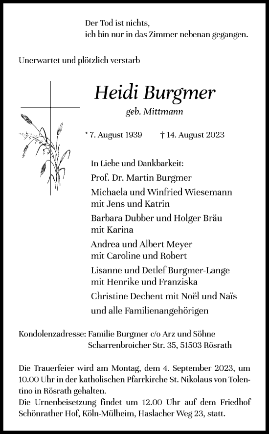 Anzeige von Heidi Burgmer von Kölner Stadt-Anzeiger / Kölnische Rundschau / Express