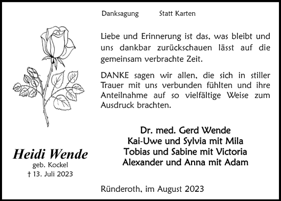 Anzeige von Heidi Wende von  Anzeigen Echo 