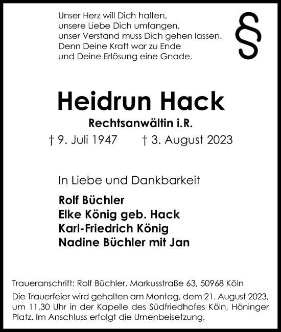 Anzeige von Heidrun Hack von Kölner Stadt-Anzeiger / Kölnische Rundschau / Express