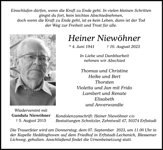 Anzeige von Heiner Niewöhner von Kölner Stadt-Anzeiger / Kölnische Rundschau / Express