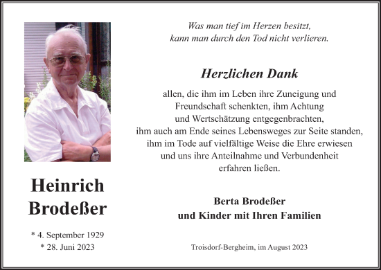 Anzeige von Heinrich Brodeßer von Kölner Stadt-Anzeiger / Kölnische Rundschau / Express