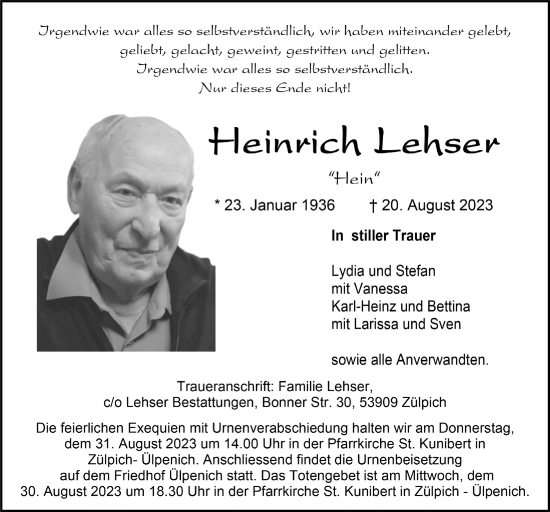 Anzeige von Heinrich Lehser von  Blickpunkt Euskirchen 