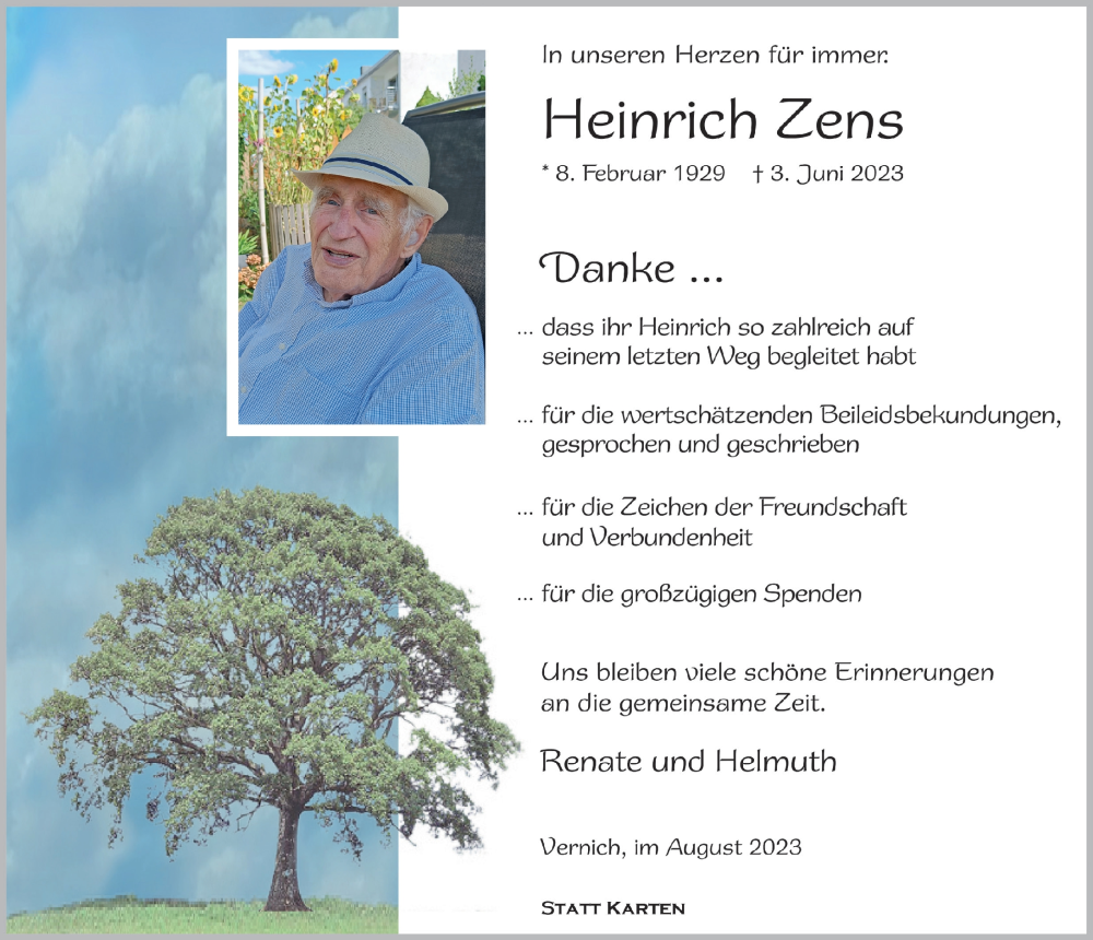 Traueranzeige für Heinrich Zens vom 26.08.2023 aus  Blickpunkt Euskirchen 