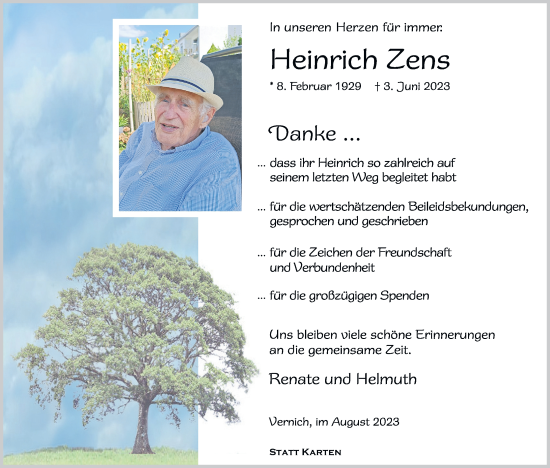 Anzeige von Heinrich Zens von Kölner Stadt-Anzeiger / Kölnische Rundschau / Express