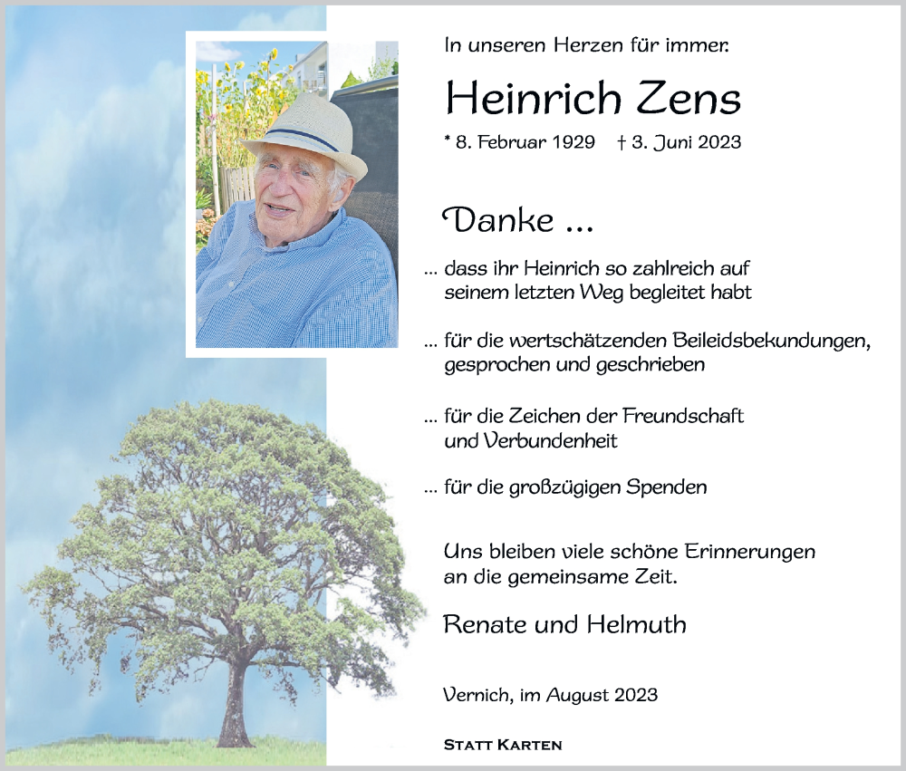  Traueranzeige für Heinrich Zens vom 26.08.2023 aus Kölner Stadt-Anzeiger / Kölnische Rundschau / Express
