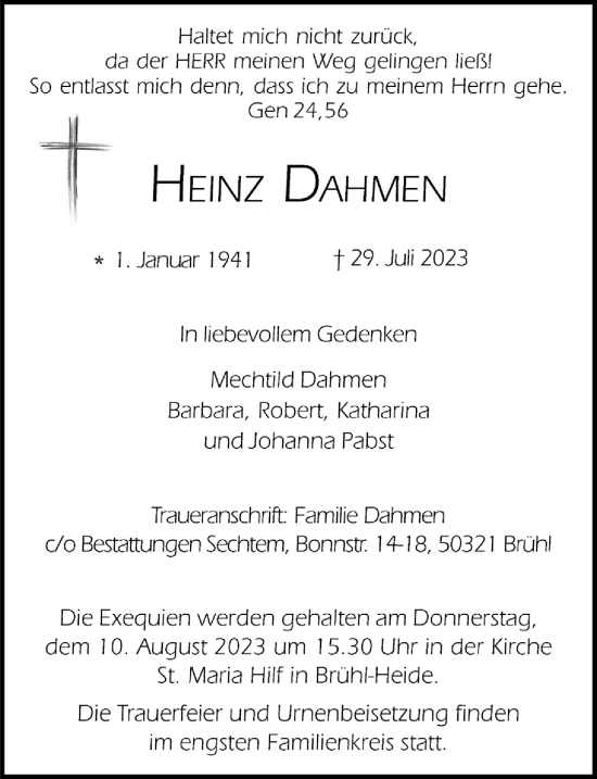 Anzeige von Heinz Dahmen von  Schlossbote/Werbekurier 