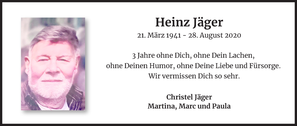  Traueranzeige für Heinz Jäger vom 26.08.2023 aus Kölner Stadt-Anzeiger / Kölnische Rundschau / Express