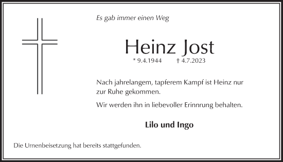 Anzeige von Heinz Jost von  Wochenende 