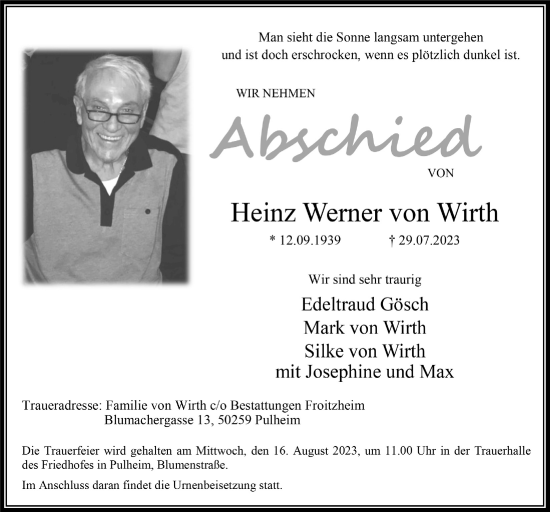 Anzeige von Heinz Werner von Wirth von  Wochenende 