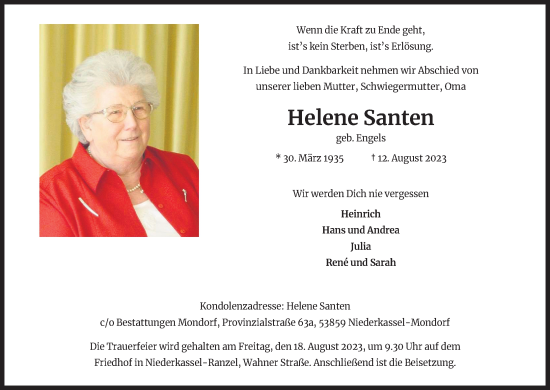 Anzeige von Helene Santen von Kölner Stadt-Anzeiger / Kölnische Rundschau / Express