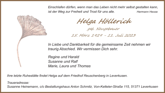 Anzeige von Helga Höllerich von Kölner Stadt-Anzeiger / Kölnische Rundschau / Express