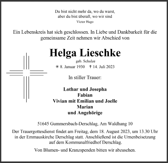 Anzeige von Helga Lieschke von  Anzeigen Echo 